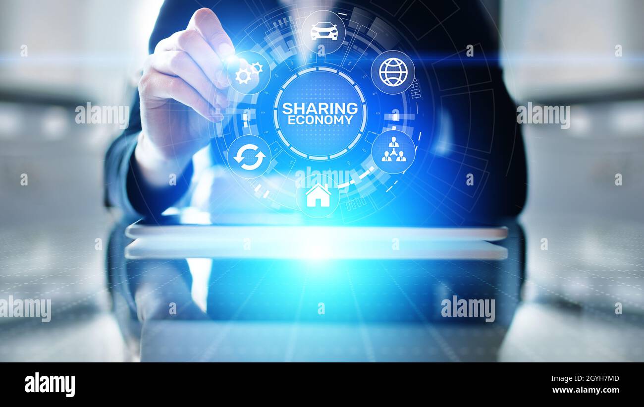 Gemeinsame Nutzung von Wirtschaft, Innovation und Technologie der Zukunft auf virtuellen Bildschirmen. Stockfoto