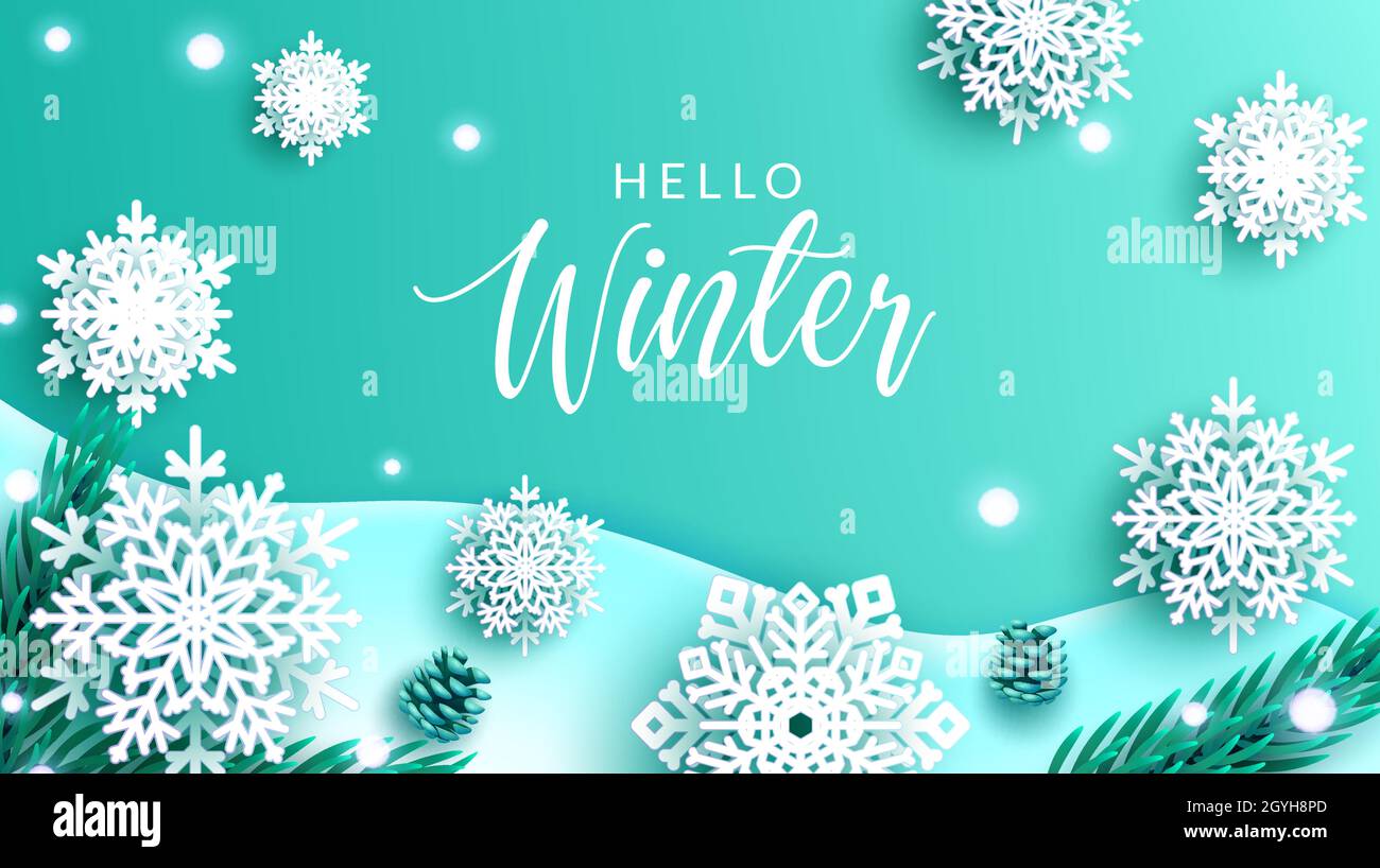 Winter Schneeflocken Vektor Hintergrund-Design. Hallo Winter Gruß Text mit Schneeflocken Papier Kunst Dekoration und lässt Elemente für die kalte Jahreszeit. Stock Vektor