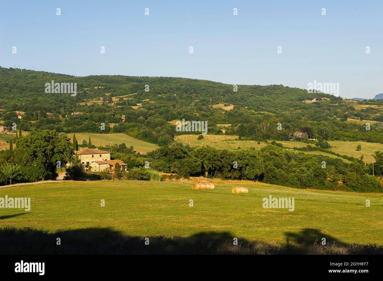 Europa, Italien, Toskana, Arezzo. Pratovecchio, Casentino, Burg befestigter mittelalterlicher Turm im Dorf Porciano. Stockfoto