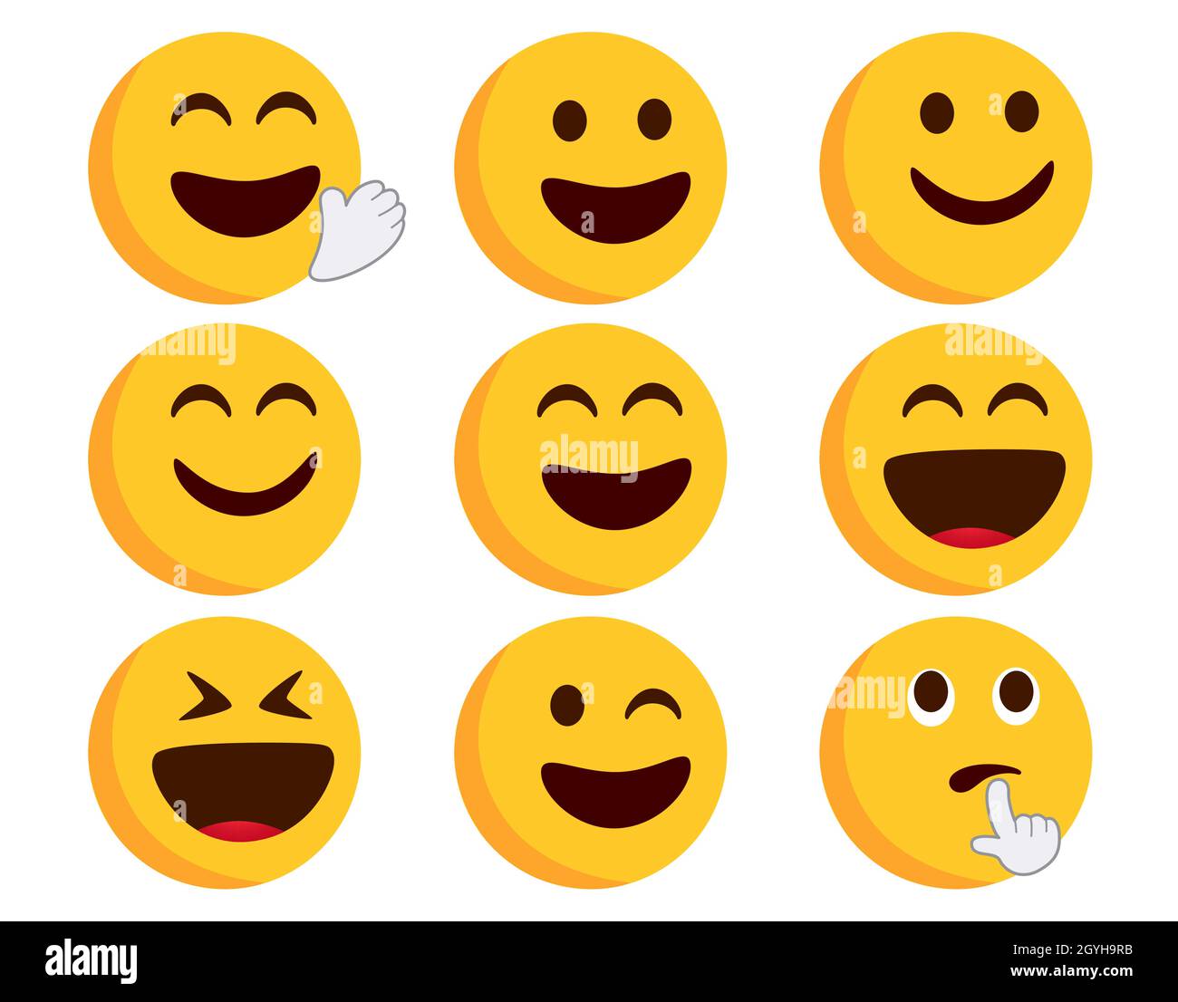 Emoticon flache Smileys Vektor-Set. Emoticons Charakter in glücklichen, lächelnden und lachenden Ausdrücken mit Handgesten des Winkens und des Denkens für Emoji. Stock Vektor