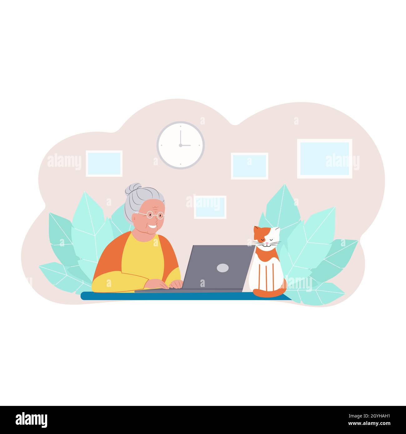 Glückliche Großmutter mit Laptop. Ältere Frau, die am Laptop arbeitet, Hauskatze. Vektorgrafik im flachen Stil Stock Vektor