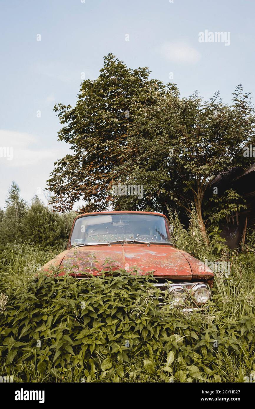 Altes rostiges sowjetisches Auto in wilder Brennnessel aufgegeben Stockfoto