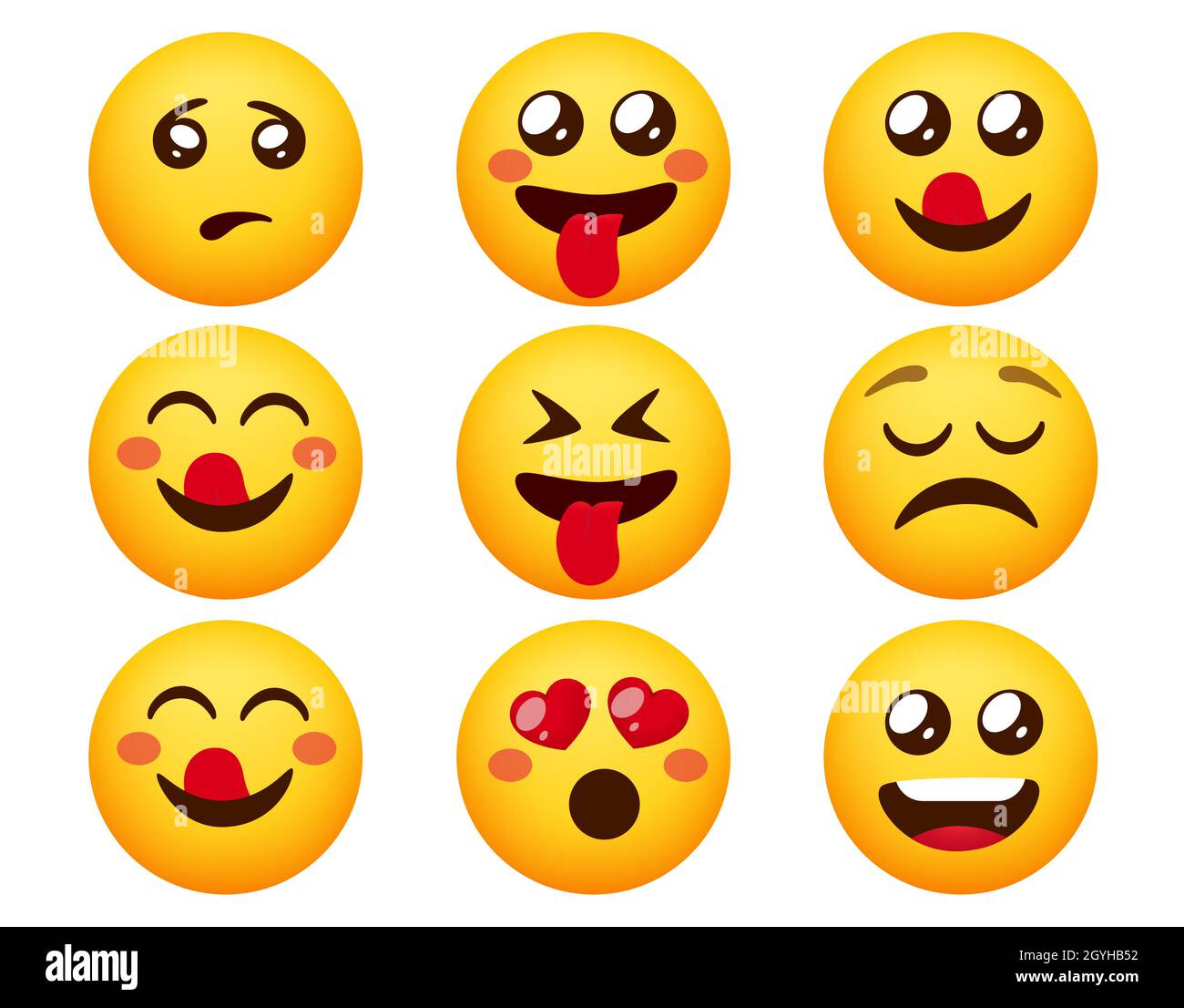 Smileys-Emoticon-Vektorset. Emoticons Emotion-Charaktere mit fröhlicher, verrückter und niedlicher Gesichtsmood-Reaktion für Emoji-Charakter-Gesichtsausdruck-Design. Stock Vektor