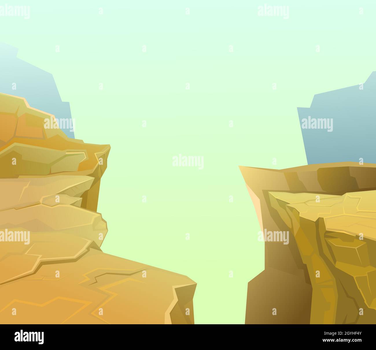Felsige Klippen. Der Rand eines bodenlosen Abgrunds. Bergnebel. Wüstenlandschaft mit Steinen. Illustration im Cartoon-Stil flache Design. Vektor Stock Vektor