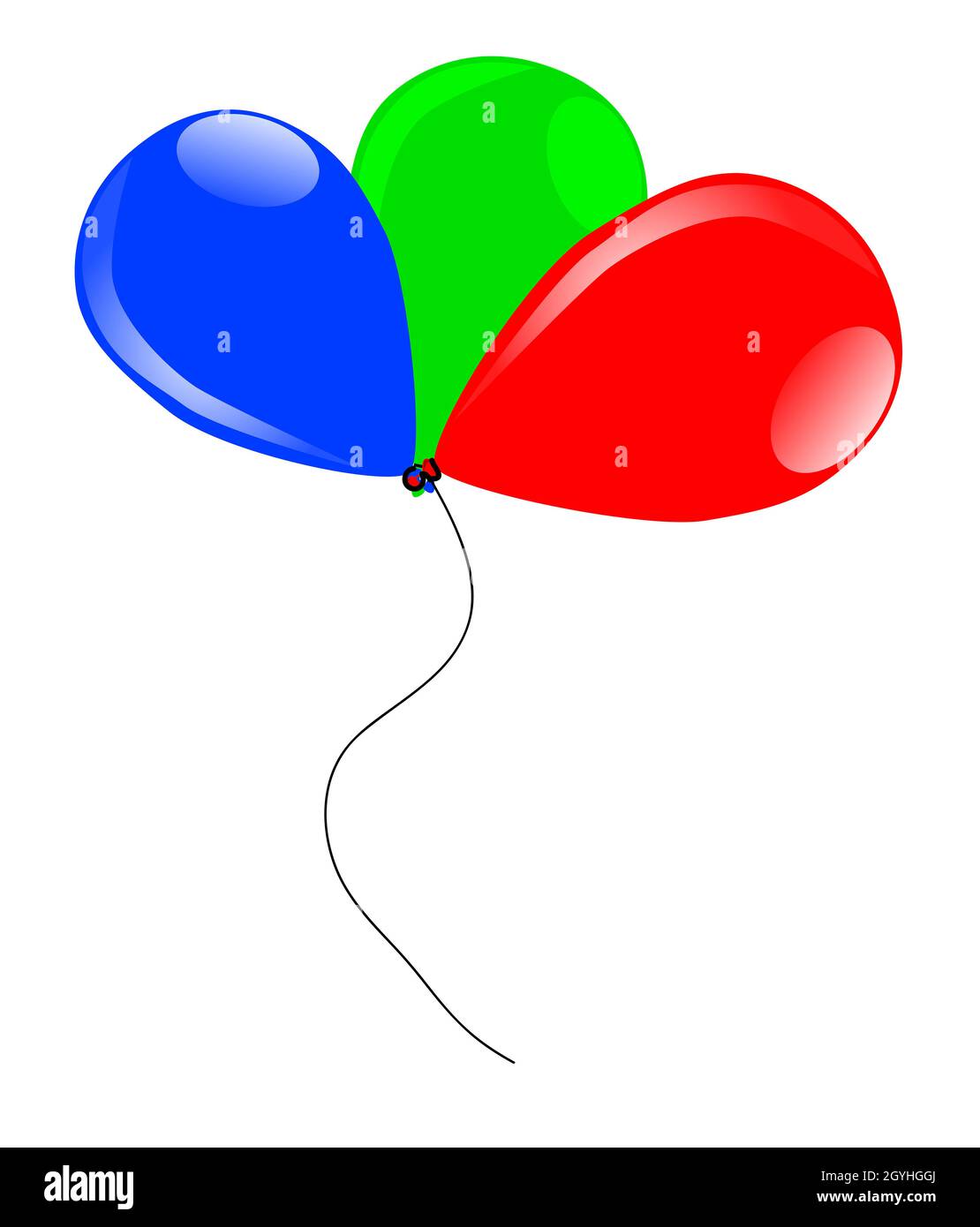 3 farbige Luftballons, rot, grün und blau schwebend, mit einer Schnur zusammengebunden Stockfoto