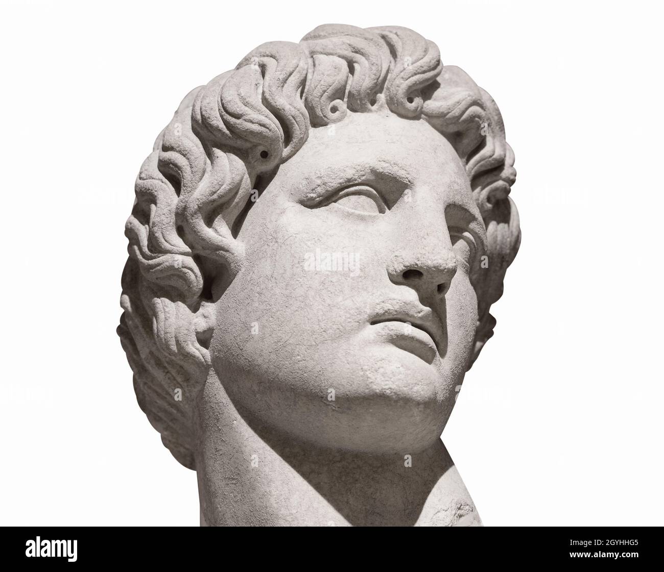 Vorderansicht Nahaufnahme des Mannes, der nach oben antike weiße Marmorbüste Statue isoliert auf weißem Hintergrund Stockfoto