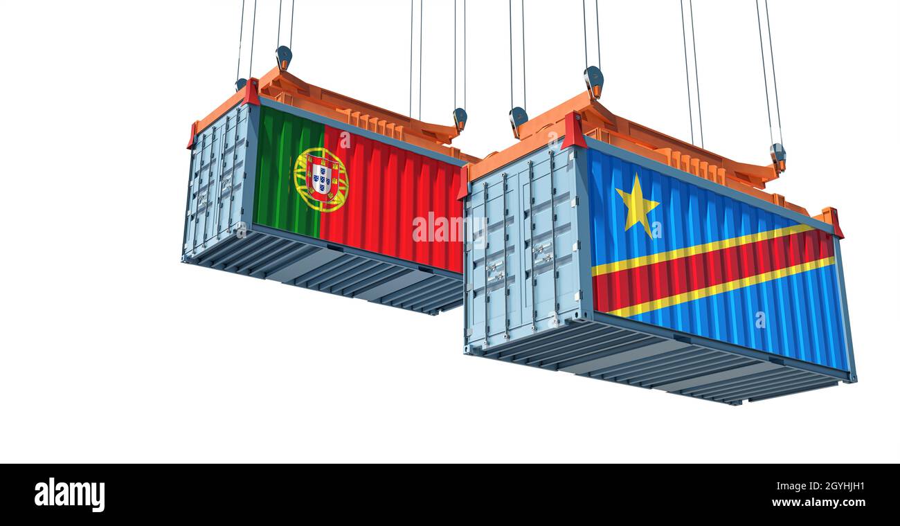 Frachtcontainer mit Nationalflaggen der Demokratischen Republik Kongo und Portugals. 3D-Rendering Stockfoto