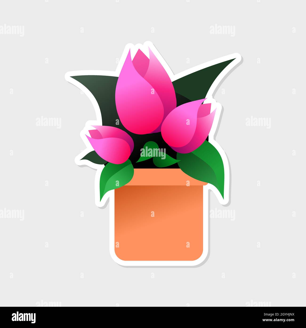 Drei rosa Tulpen in einem Tontopf mit grünem Blattaufkleber. Verwenden Sie für Ihren Blumenladen, Botanik-Klasse, Frühling Verkäufe und Muttertag Geschenke. Stock Vektor