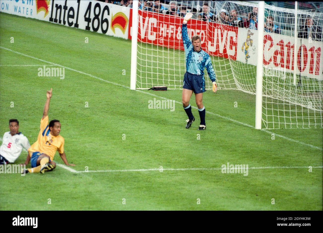 European Championship Sweden-England 2-1MARTIN DAHLIN wurde im Penelty-Bereich heruntergeladen und des Walker sieht unnachbar aus, während Chris Woods wartet Stockfoto