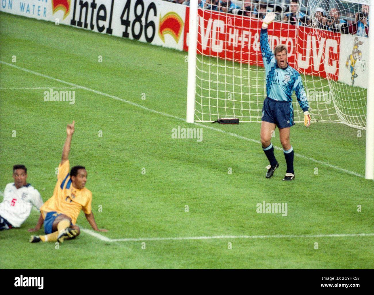 European Championship Sweden-England 2-1MARTIN DAHLIN wurde im Penelty-Bereich heruntergeladen und des Walker sieht unnachbar aus, während Chris Woods wartet Stockfoto