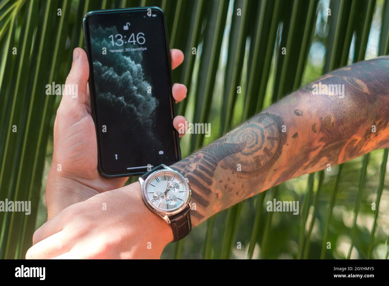 Mann Hand mit einem Tattoo und einer Uhr. Hand hält Telefon. Palmenbrunch im Hintergrund. Hochwertige Fotos Stockfoto