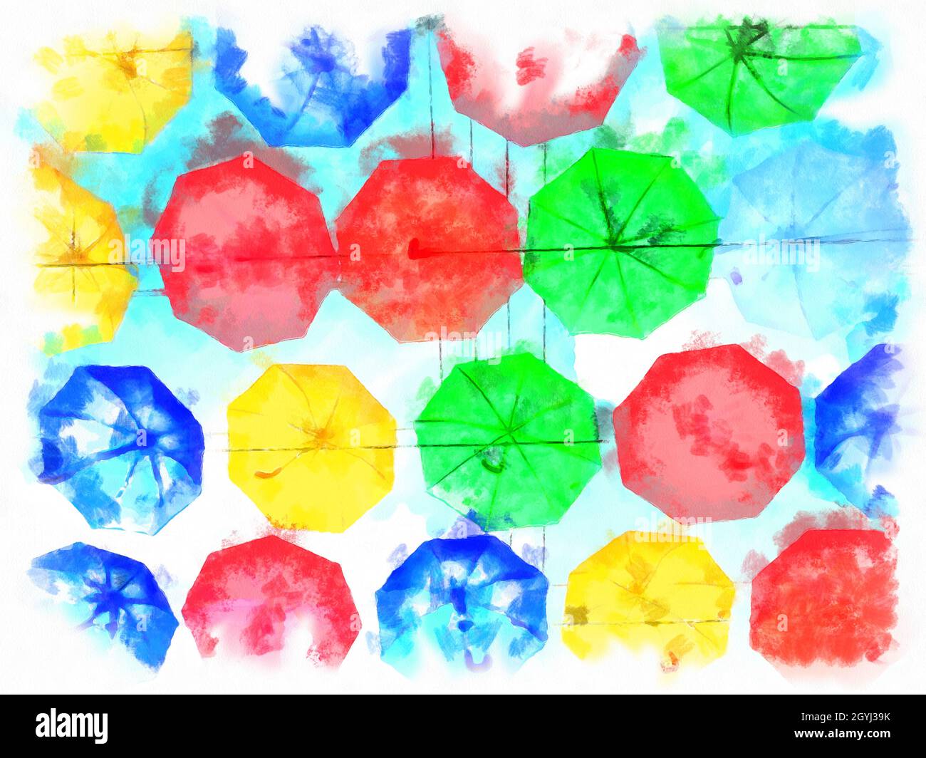 Bunte Regenschirme im Himmel Aquarell Stockfoto