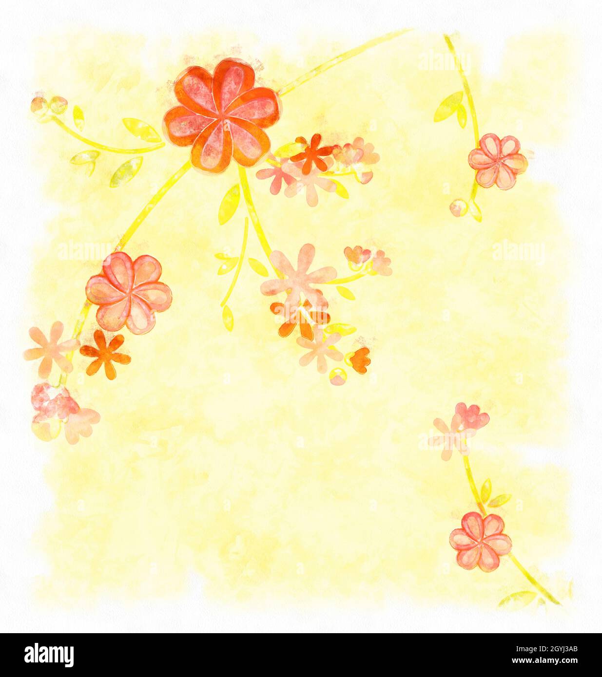 Aquarell rosa Blüten auf gelbem Hintergrund Stockfoto