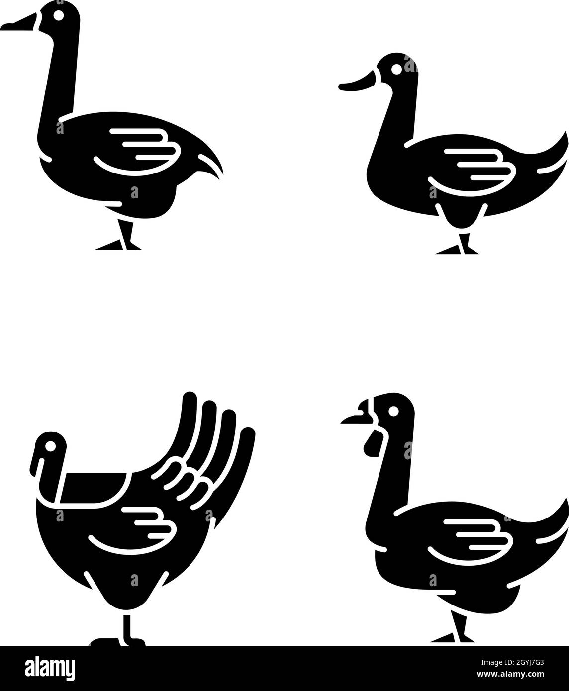 Wasservögel schwarze Glyphen-Symbole auf weißem Raum gesetzt Stock Vektor