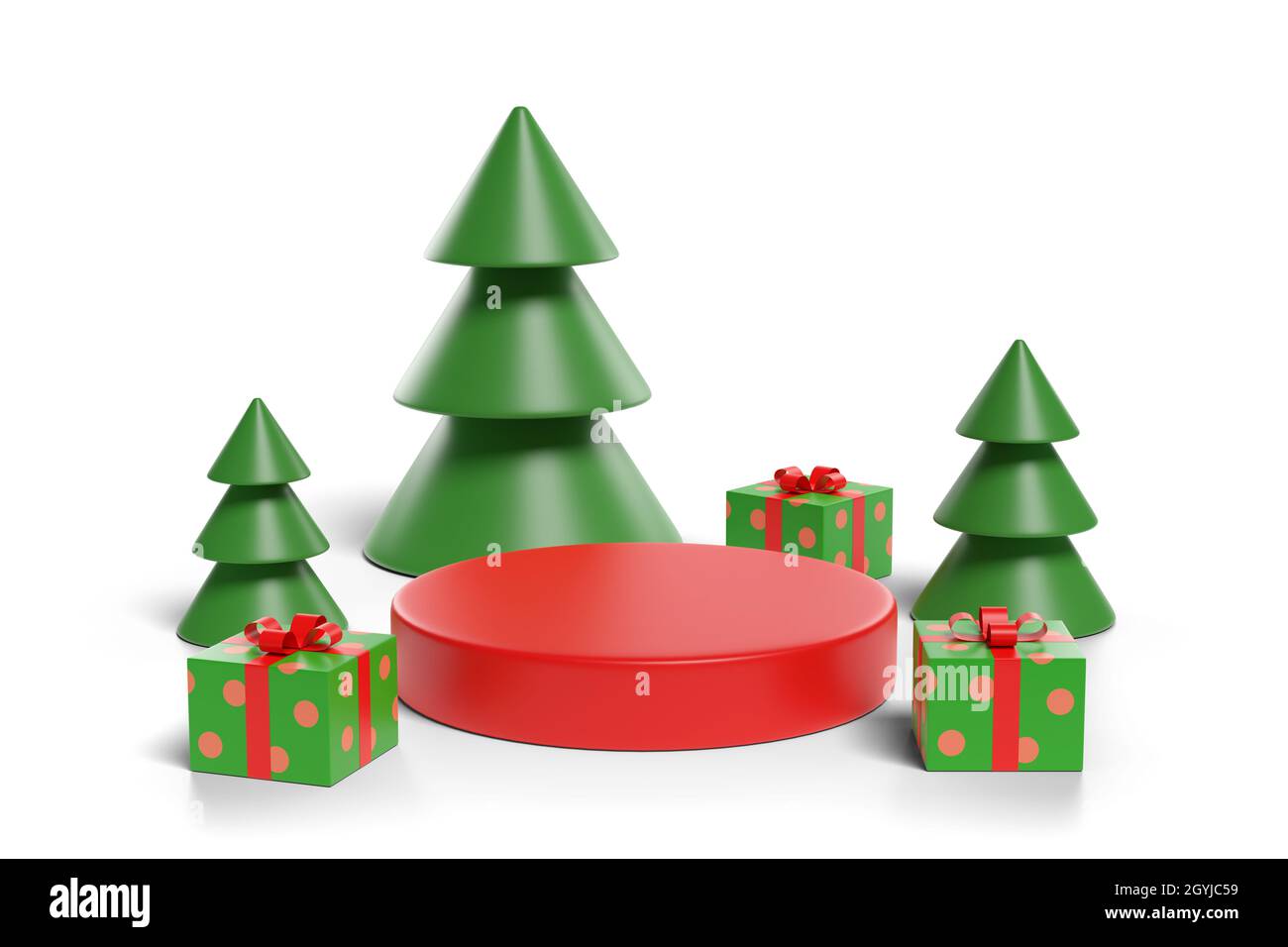 Weihnachtspodium mit Bäumen und Geschenken isoliert auf weißem Hintergrund. 3d-Illustration. Stockfoto