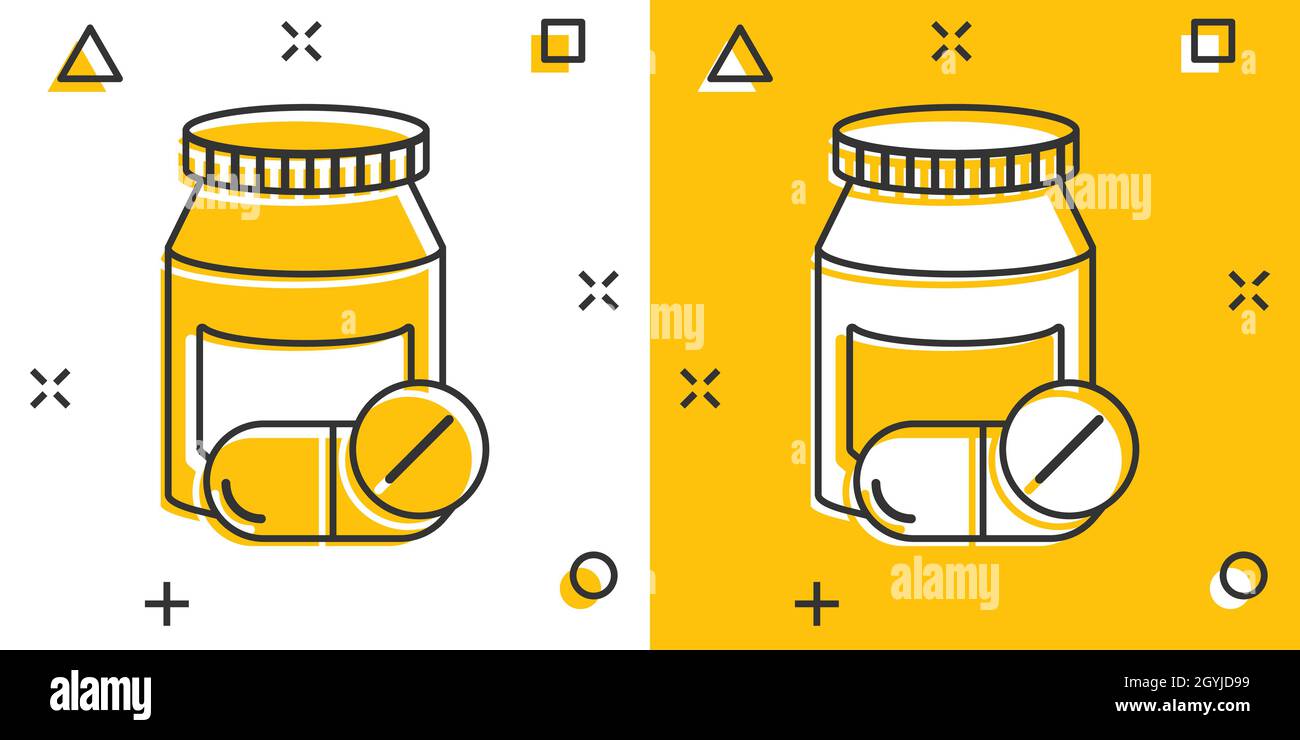 Pille Flasche Symbol im Comic-Stil. Drogen Cartoon Vektor-Illustration auf weißem isolierten Hintergrund. Pharmazie Splash-Effekt Geschäftskonzept. Stock Vektor