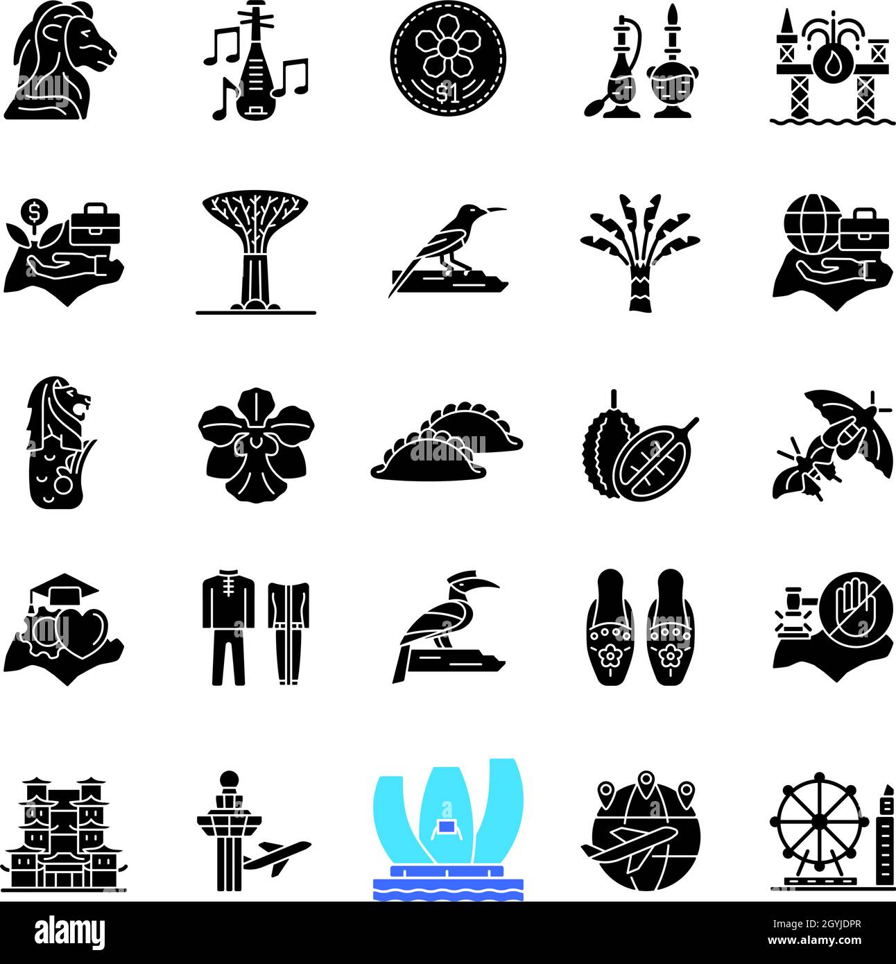 Singapur nationale Symbole schwarze Glyphen-Symbole auf weißem Raum gesetzt Stock Vektor