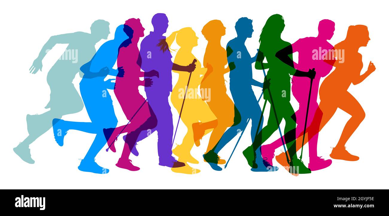 Menschen unterschiedlichen Alters bewegen sich mit Joggen und nordic Walking als Fitnesskonzept Stockfoto