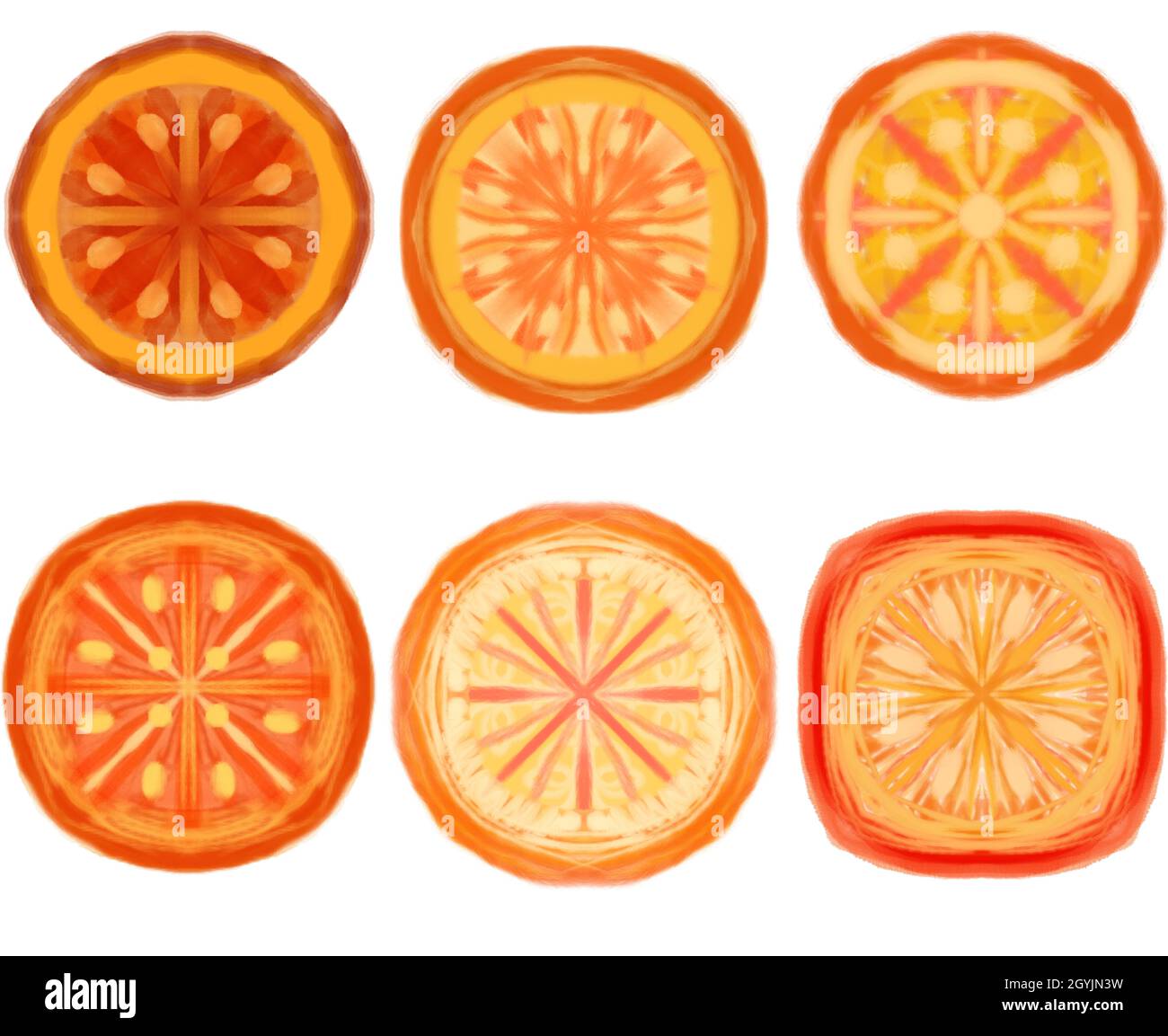 Set mit 6 hellen abstrakten Orangen. Handgezeichnete Aquarellorangen. Stockfoto