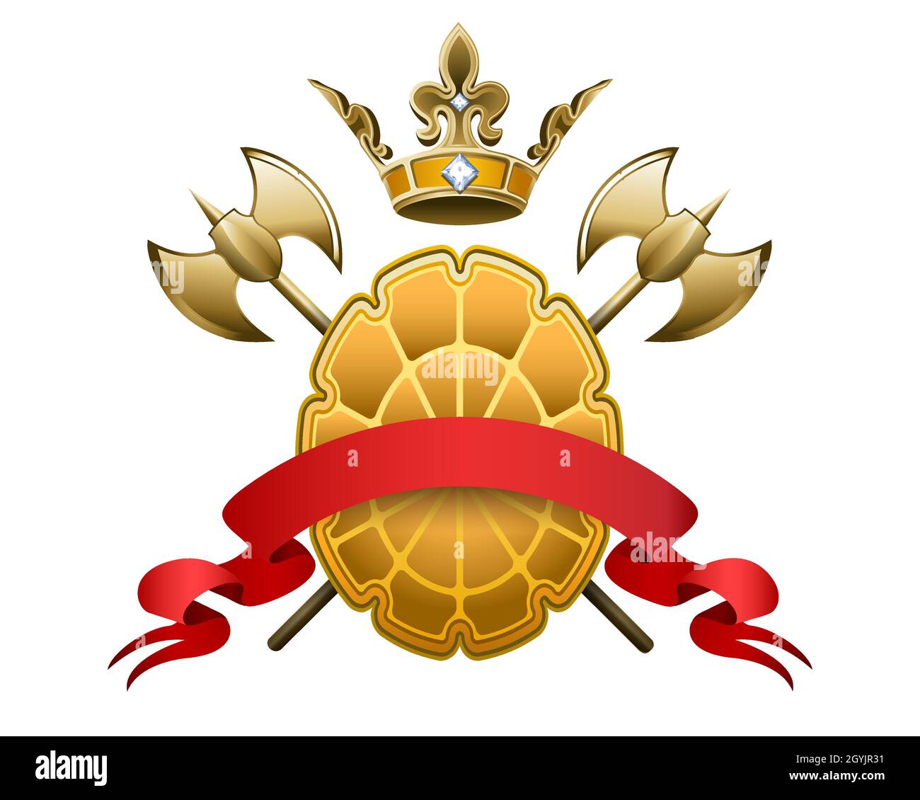 Wappen mit gekreuzten Achsen mit goldenem Kronenschild und rotem Banner isoliert auf Weiß. Vektorgrafik. Stock Vektor