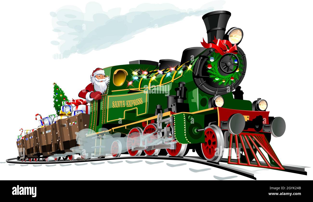 Vektor Weihnachten Grußkarte mit Cartoon Santa Express Zug Stock Vektor