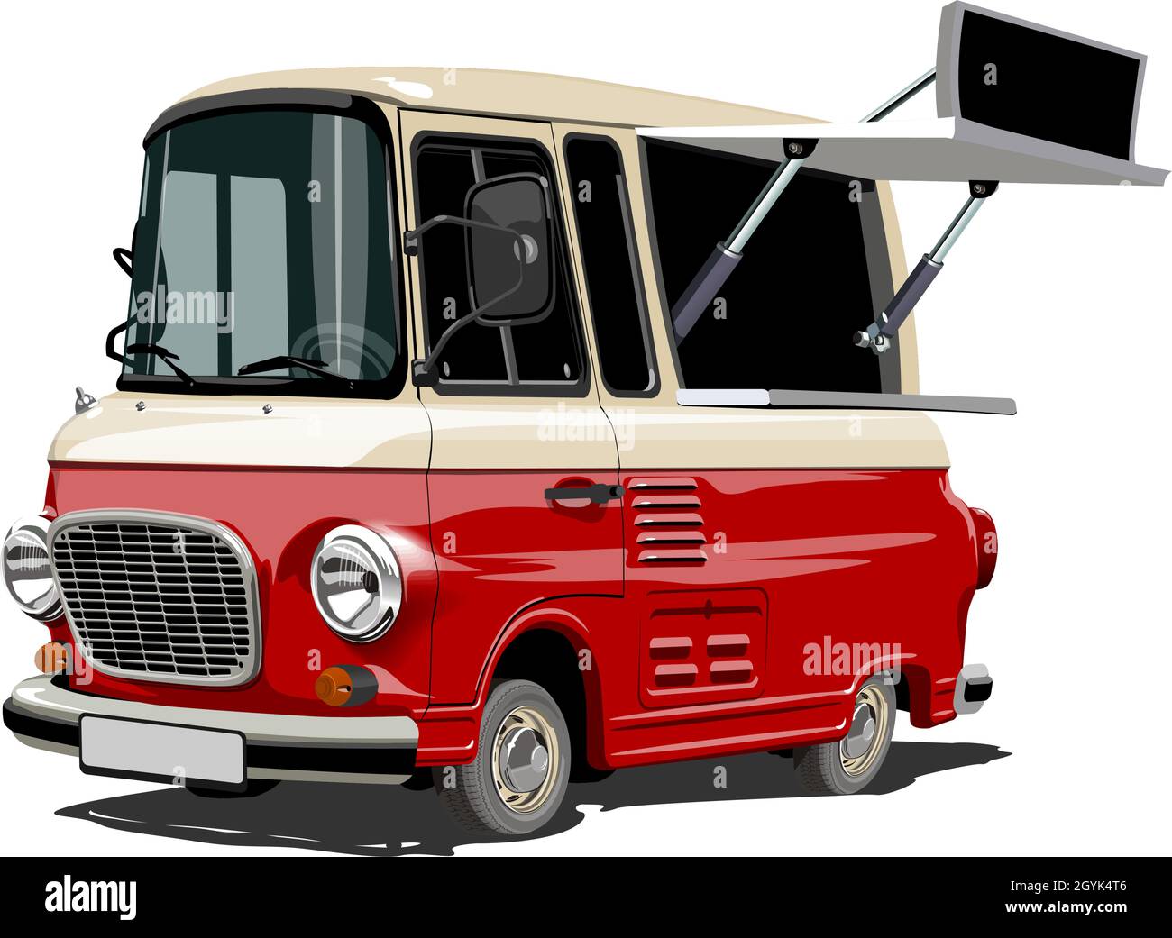Cartoon Retro Food Truck isoliert auf weißem Hintergrund. Verfügbares EPS-10-Vektorformat, das durch Gruppen und Ebenen getrennt ist, für eine einfache Bearbeitung Stock Vektor