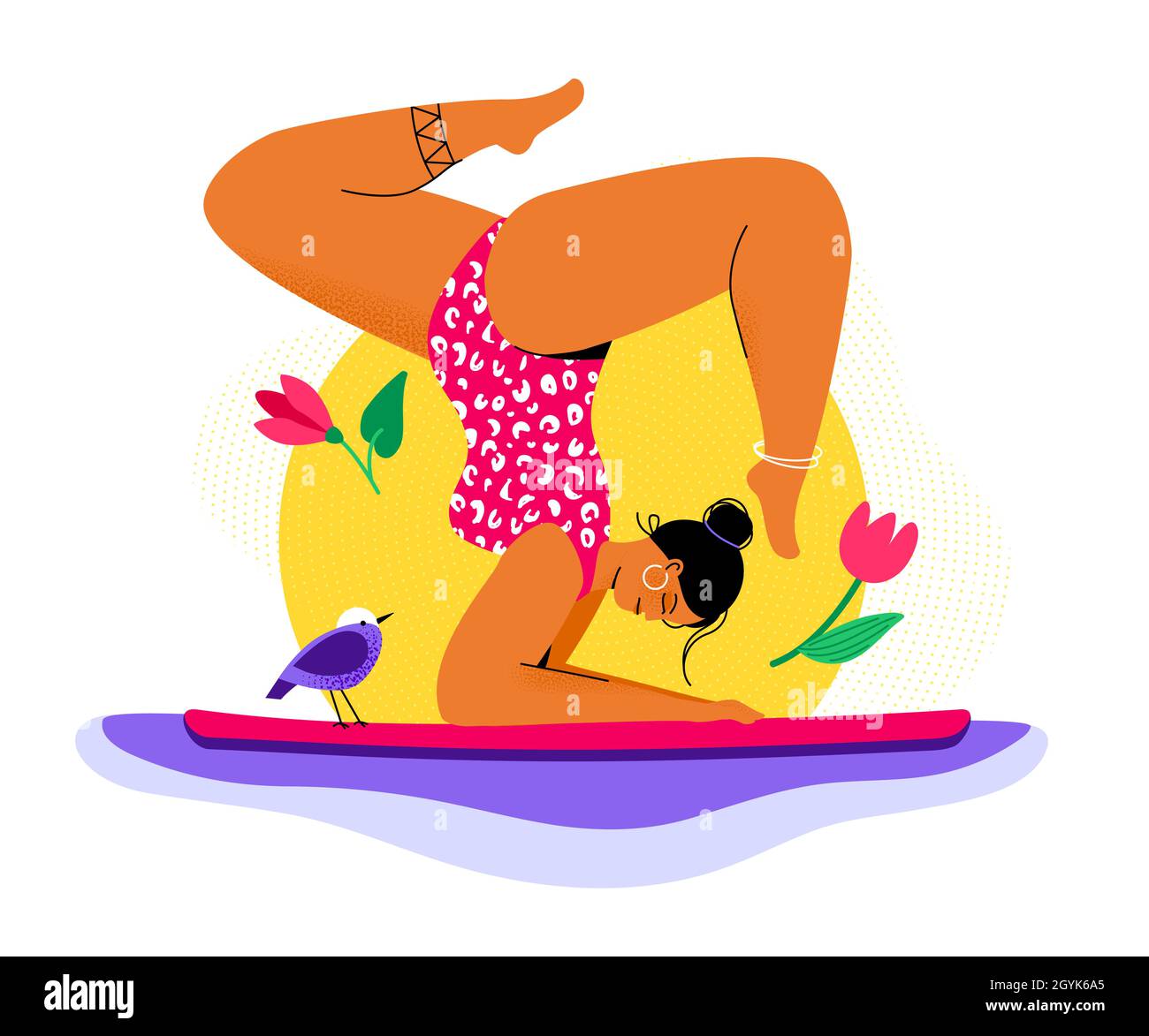 Morgenyogas – farbenfrohe Illustration im flachen Design mit einer Zeichentrickfigur. Starke unabhängige schöne Frau, die Sport und Stretching macht. Risin Stock Vektor
