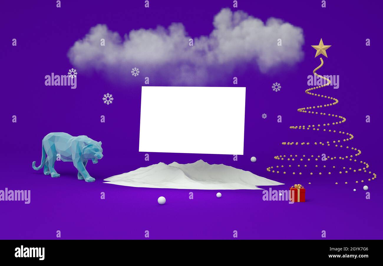 Neujahrskonzert mit Kartenmock.2022 ist ein Jahr des Tigers. 3D-Rendering. 3D-Grußkarten-Design. Stockfoto