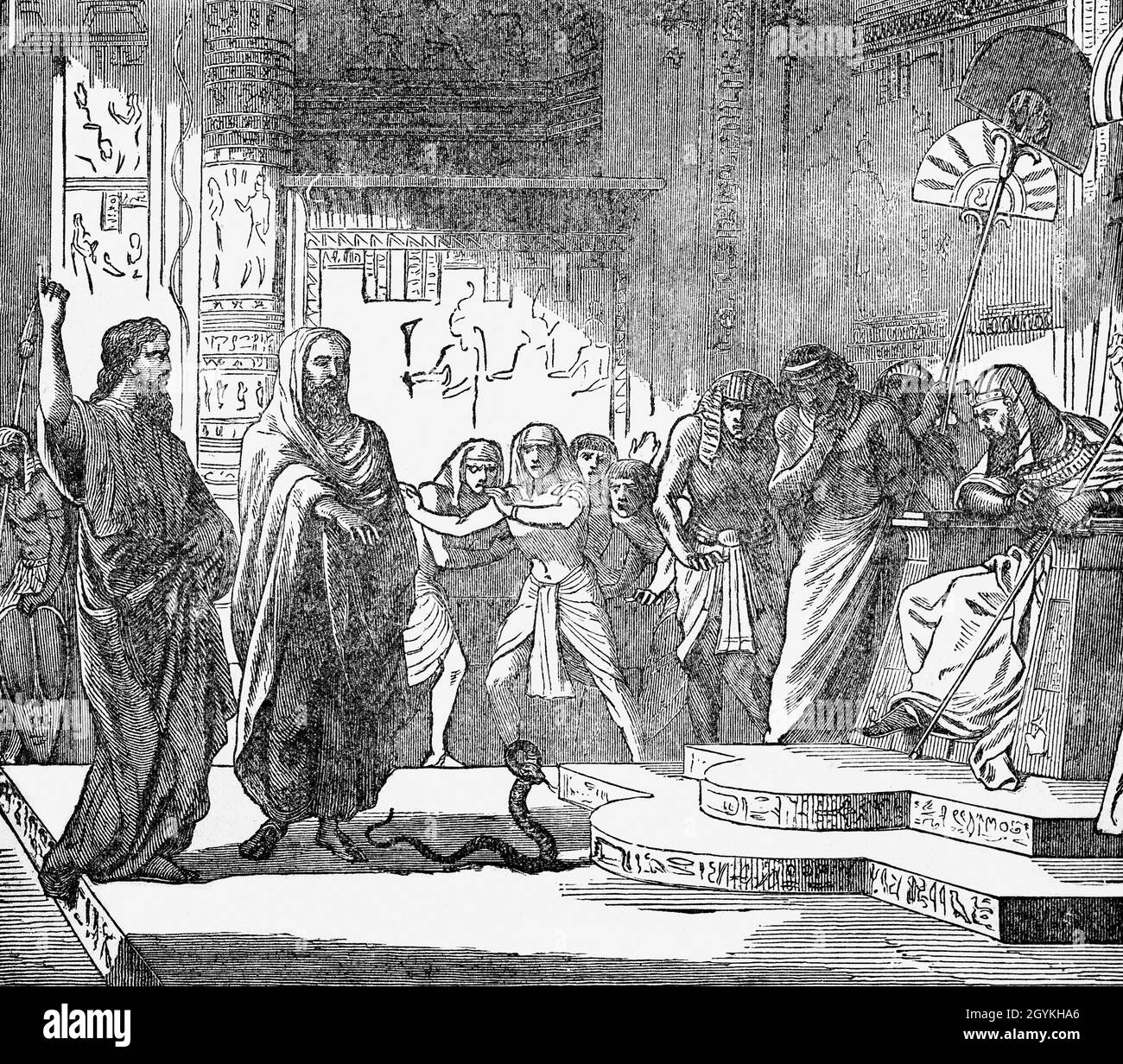 Eine Illustration aus dem Buch Genesis von Moses und Aaron aus dem späten 19. Jahrhundert, die die Pharoh des Gerichts Gottes ankündigt, um die Israeliten aus Sklaverei und Gefangenschaft zu befreien. Der Pharao weigerte sich, auf Gottes Forderung zu hören, bis eine Reihe von schweren ökologischen Katastrophen seine Meinung veränderte. Stockfoto