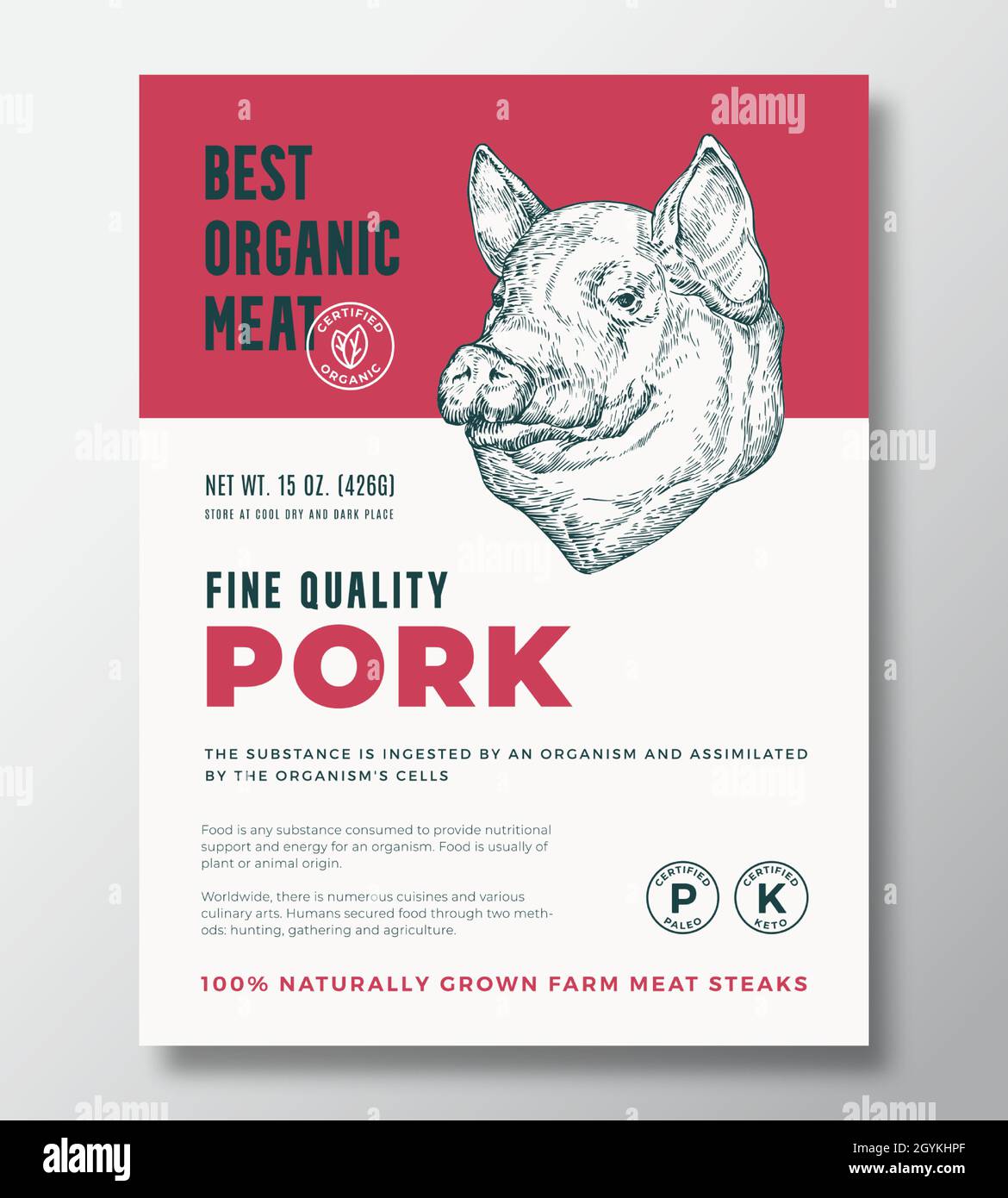 Best Organic Meat Abstract Vector Packaging Design oder Label Template. Banner Mit Schweinestäcken Aus Eigener Landwirtschaft. Moderne Typografie und handgezeichneter Schweinkopf Stock Vektor