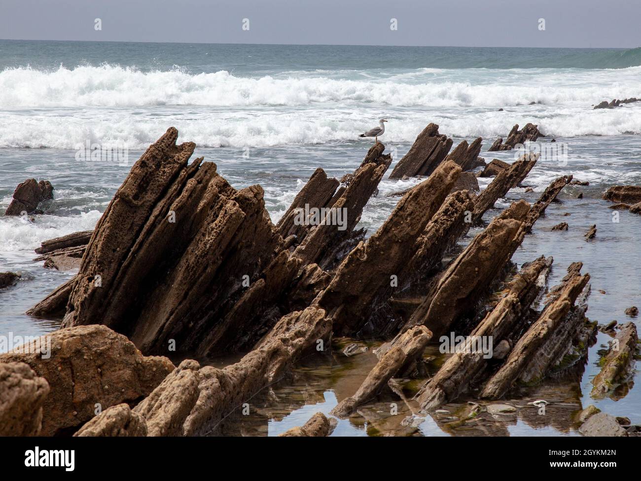 Nahaufnahme von Felsen an einem Strand in der Nähe von Barrica in Spanien Stockfoto
