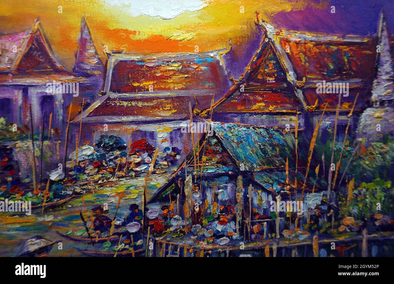Kunstmalerei Ölfarbe schwimmender Markt Thailand, auf dem Land Stockfoto