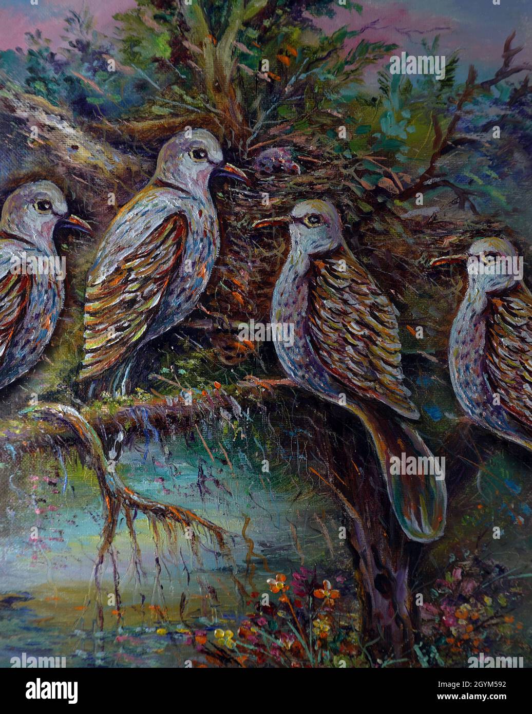 Kunst Ölgemälde Vogelnest im Garten thailand Stockfoto