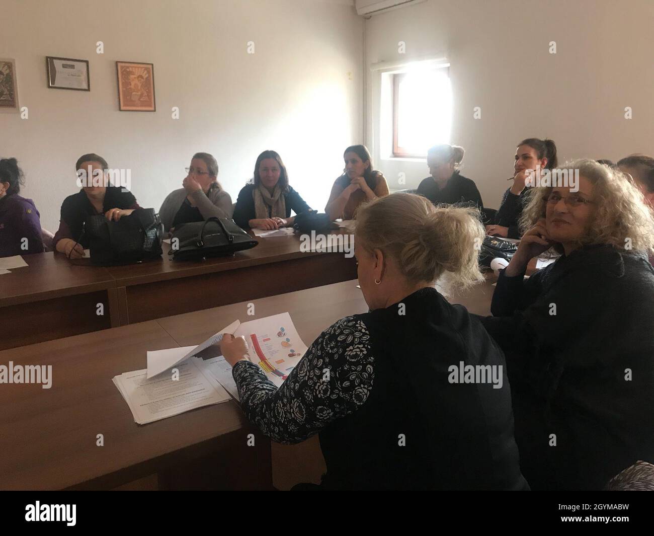 Die Teilnehmer des Bildungsforums, das am 29. Januar 2020 in Pristina im Kosovo stattfand, überprüfen Handouts zur Lebensmittelsicherheit. TFMED ermutigte sie, damit zu beginnen, die Temperaturen von Lebensmitteln zu messen, um ihre Gesundheit zu verbessern. Stockfoto