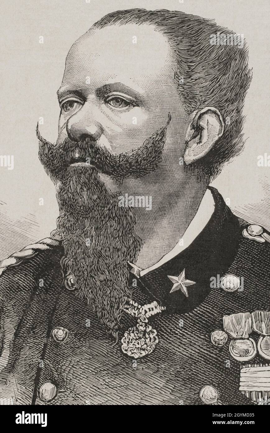 Viktor Emanuel II. Von Italien (1820-1878). König von Sardinien (1849-1861) und Italien (1861-1878). Er wurde der erste. Er wurde der erste König nach der italienischen Vereinigung. Gravur von Rico. Details. La Ilustración Española y Americana, 1878. Stockfoto