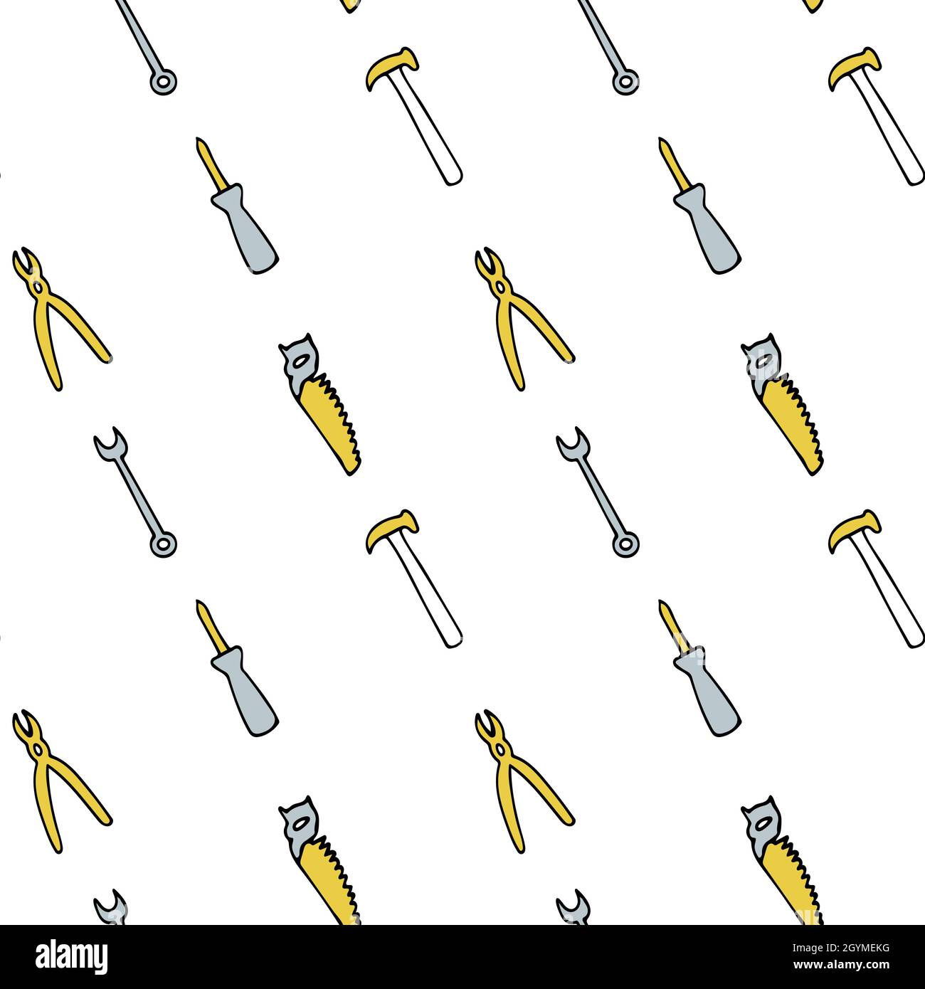 Nahtloses Muster mit Reparaturwerkzeugen, Schraubendreher, Zange, Säge, Hammer, Verstellbarer Schraubenschlüssel. Stock Vektor