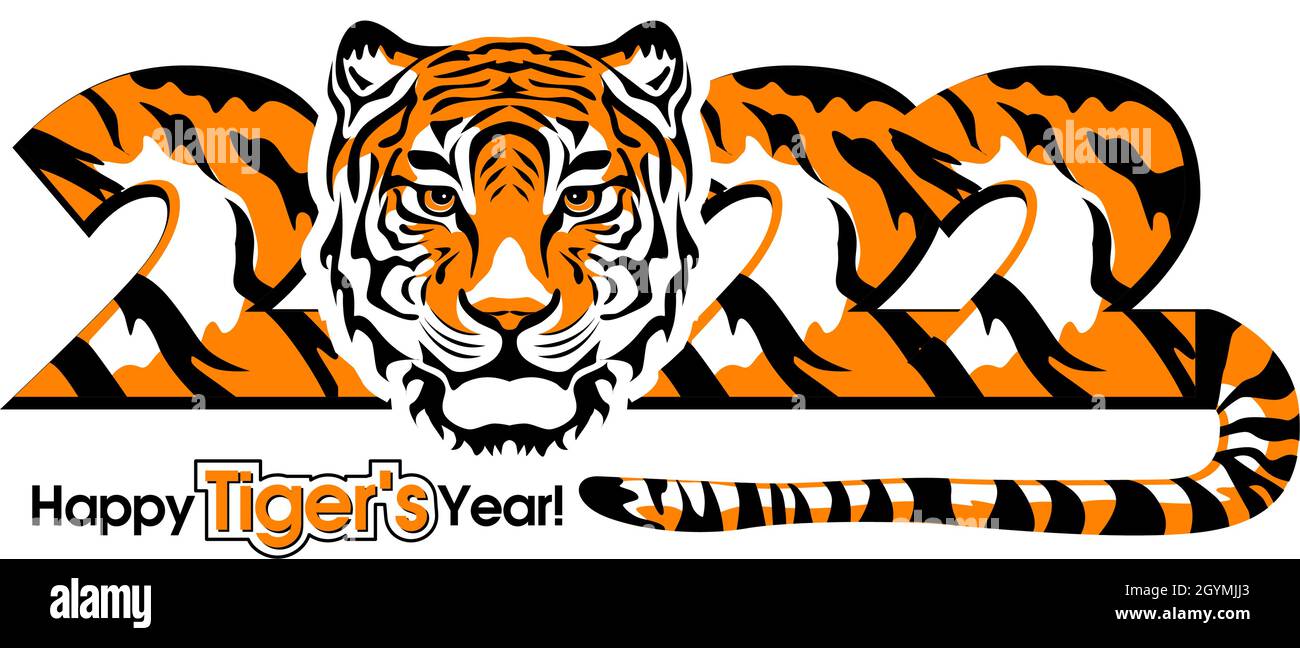 Frohes neues Jahr 2022. Jahr des Tigers, Zeichnung Tiger Gesicht und Zahlen 2022 für Poster, Broschüre, Banner, Einladungskarte. Vektorgrafik Stock Vektor