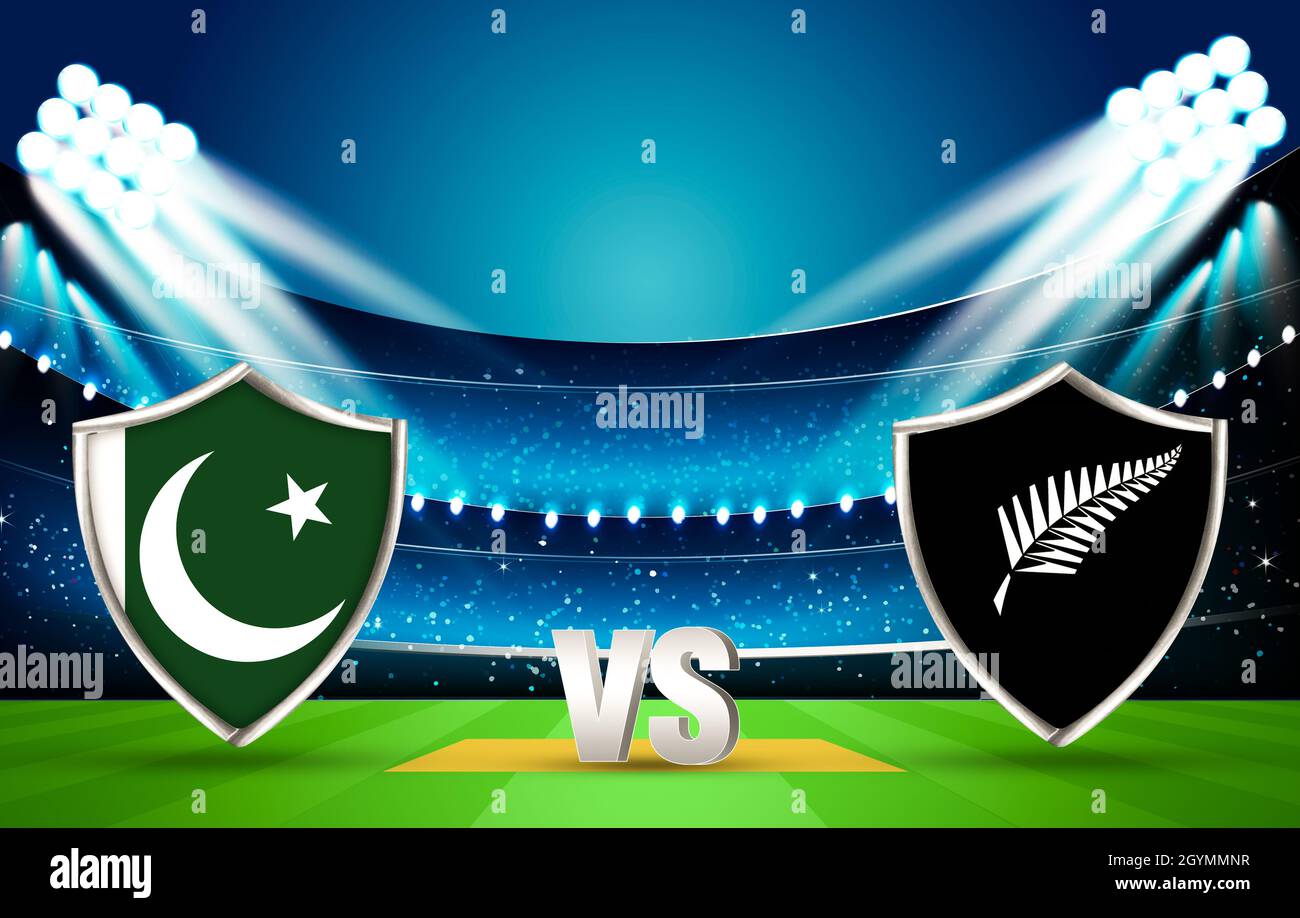 New Zealand Cricket vs Pakistan Match in einem 3D-gerenderten Stadion-Hintergrund. Stockfoto