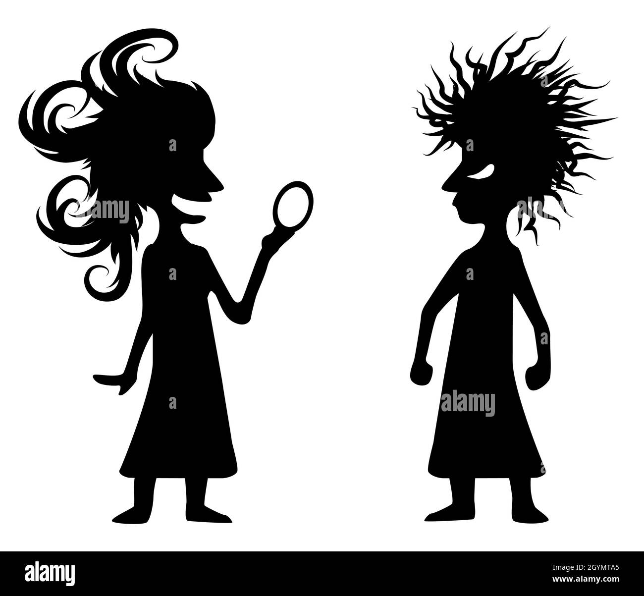 Frisur Frauen Neid Figuren Silhouette lustige Cartoon Schablone schwarz, Vektor-Illustration, horizontal, über weiß, isoliert Stock Vektor