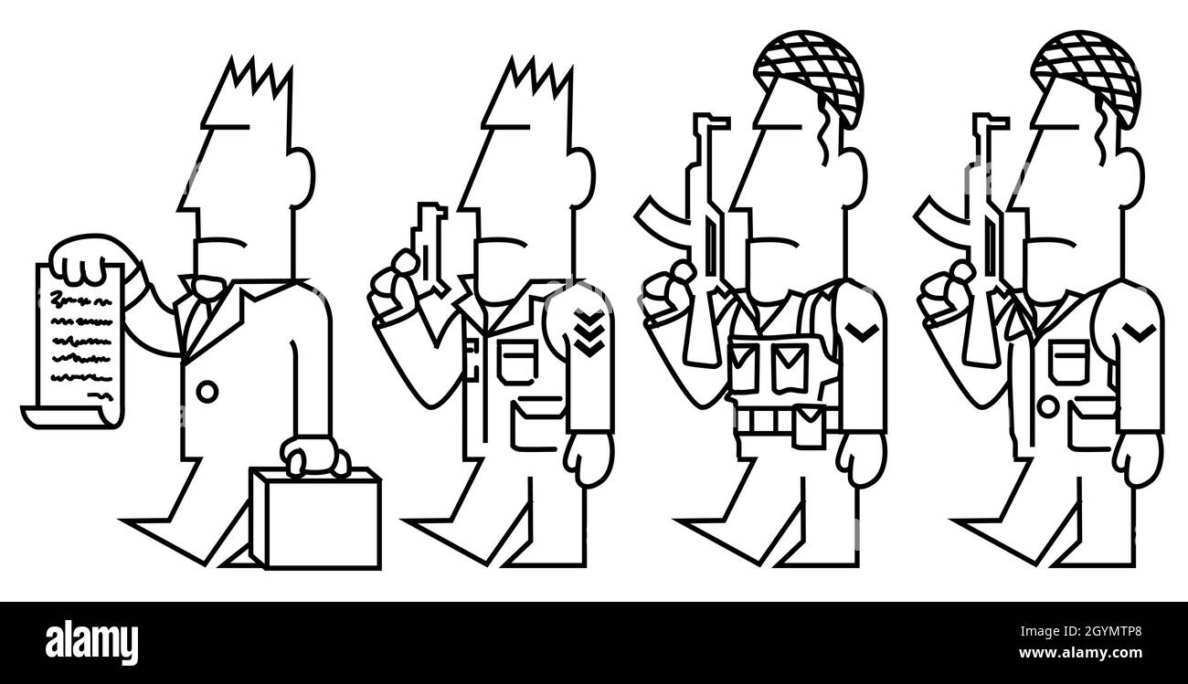Rechtsanwalt Militär eskortieren Soldaten nach lustigen Cartoon-Linie Zeichnung, Vektor, horizontal, über weiß Stock Vektor