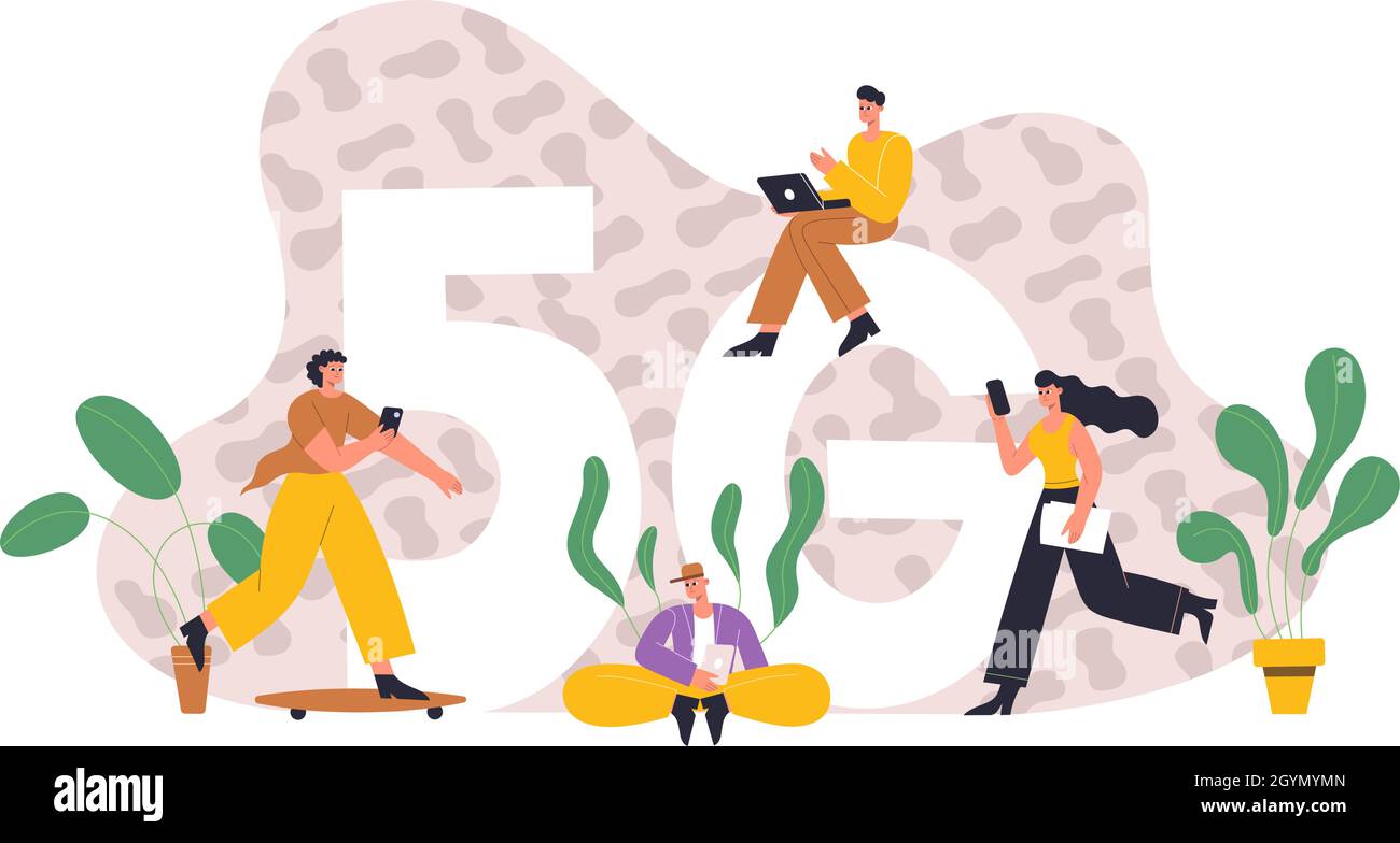 Die Menschen nutzen mobiles Internet, drahtlose 5G-Internetverbindung. Wireless High-Speed-Internet, Zeichen mit Netzwerktechnologie Vektor flach Stock Vektor