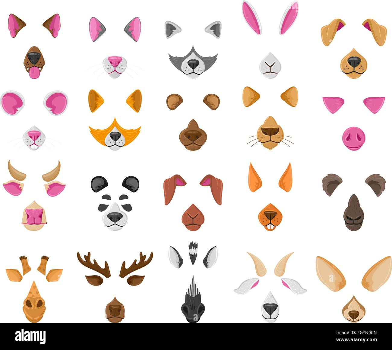 Cartoon Selfie oder Video Chat Tier Gesichter Masken. Niedliche Tiere Video Chat Effekte, Hund, Fuchs, Panda Nase und Ohren Vektor Illustration Set. Tier Stock Vektor