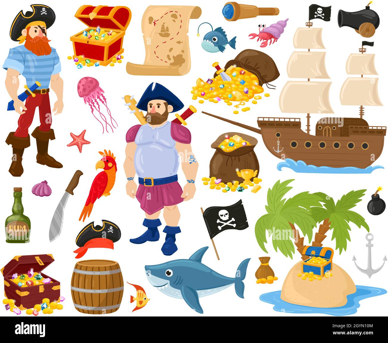 Cartoon Piraten, Seefische, Schatzkiste, Marineschiff. Pirate Seemann Zeichen, goldene Schatzschiff und Karte Vektor Illustration Set. Piratenmeer Stock Vektor