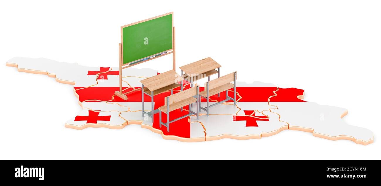 Bildung in Georgien, Konzept. Schultische und Tafel auf der Karte von Georgien. 3D-Rendering auf weißem Hintergrund isoliert Stockfoto
