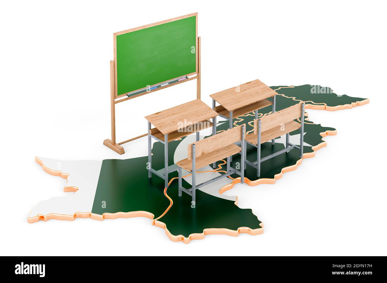 Bildung in Pakistan, Konzept. Schultische und Tafel auf Pakistan-Karte ...