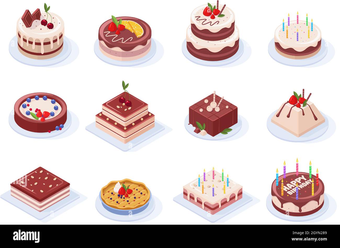 Isometrische Geburtstagsparty leckere Schokolade Glasur Kuchen. Schokolade, Erdbeere oder Vanille Creme Party Event leckere Kuchen Vektor Illustration Set Stock Vektor