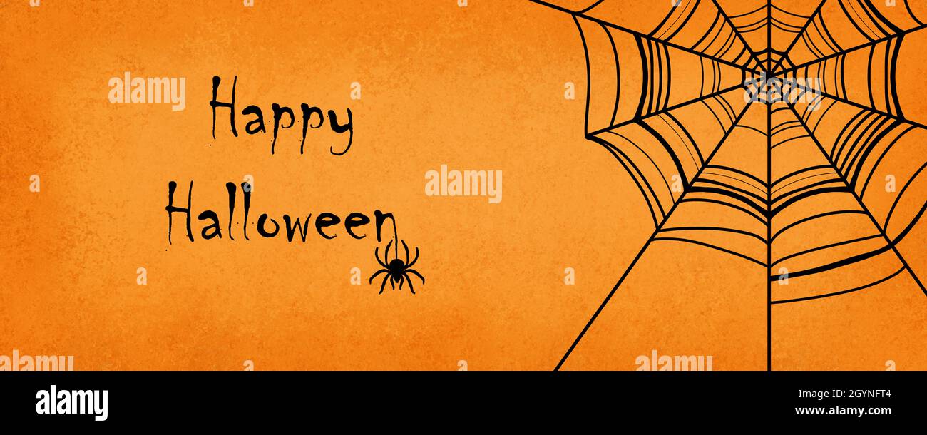 Happy halloween Hintergrund mit gruseligen schwarzen Spinnen und Spinnennetz Illustration, Spinnennetz Grenze und fröhliche halloween Gruß von gruseligen spide geschrieben Stockfoto