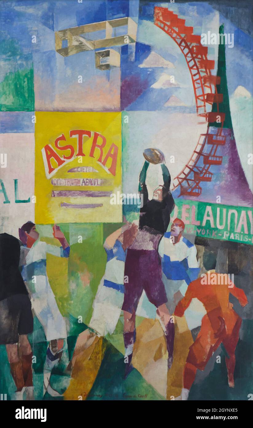 Gemälde „The Cardiff Team“ („L'Équipe de Cardiff“) des französischen modernistischen Malers Robert Delaunay (1912-1913), ausgestellt im Museum of Modern Art (Musée d'Art Moderne de Paris) in Paris, Frankreich. Stockfoto