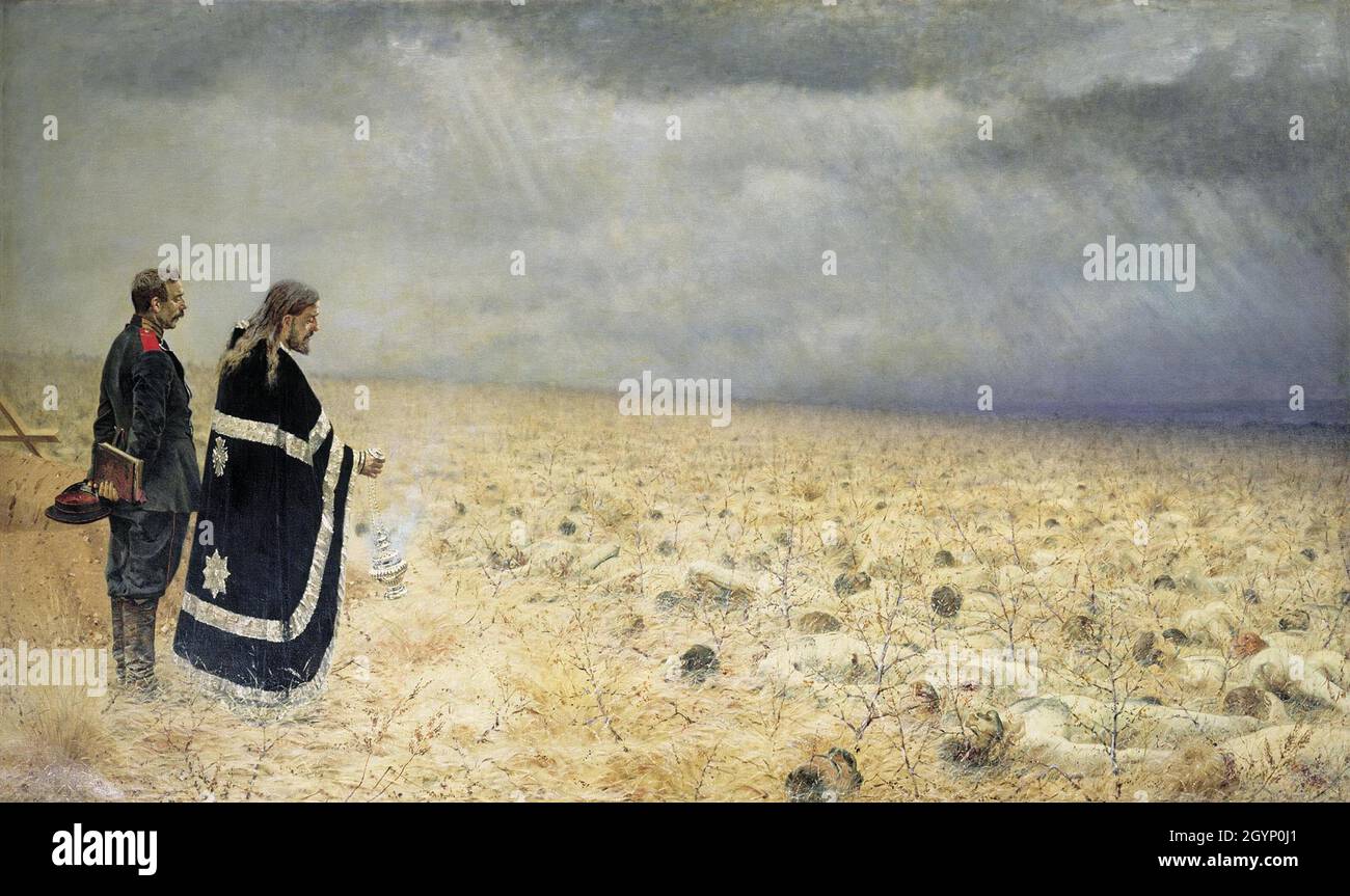 Ein dramatisches Gemälde namens Besiegten von Vasily Vereshchagin zeigt einen Priester, der Panikhida (eine orthodoxe Gedenkfeier) auf einem Feld voller toter Zivilisten aufführt. Stockfoto