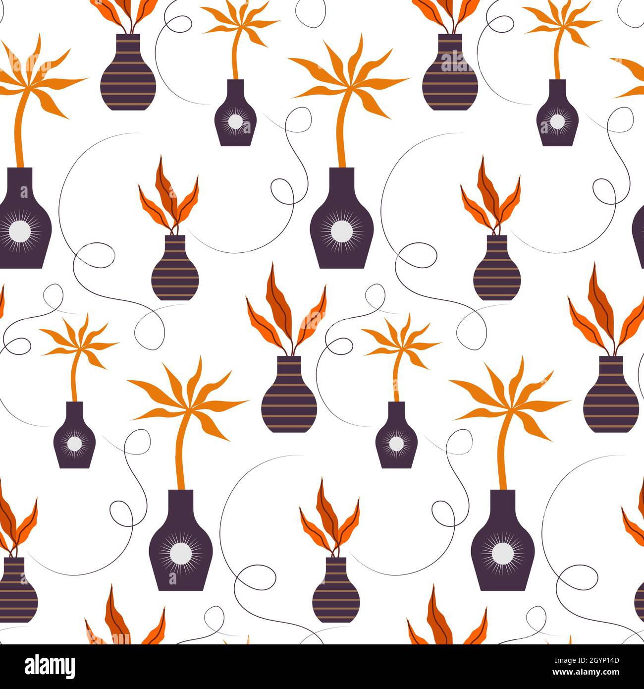 Muster mit Vasen und orangefarbenen Blättern. Vektorgrafik. Stock Vektor